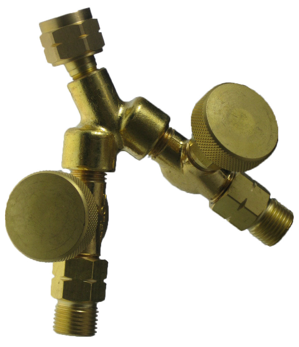Tee with valves, 5/8-18 LH nut to 2 x 5/8-18 LH male